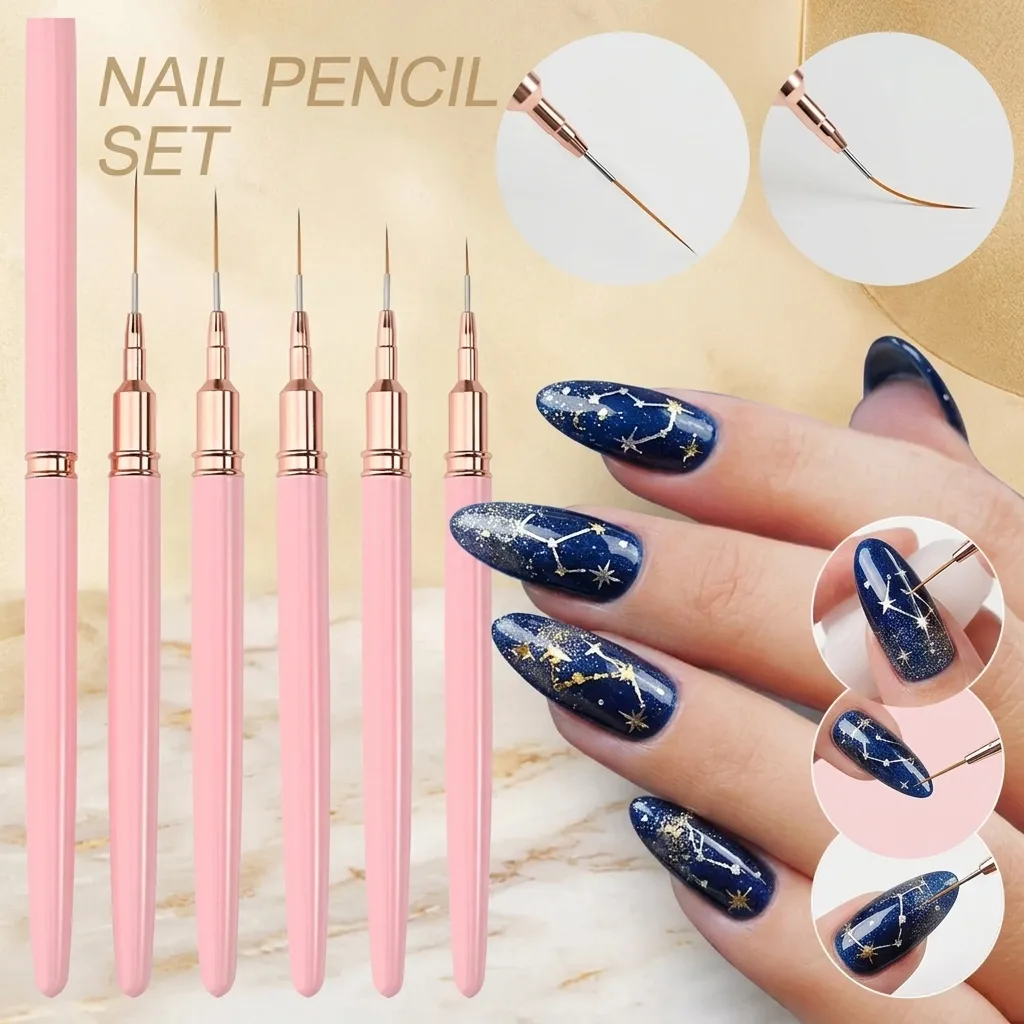 Detailing Brush Set - 5Pcs Pink Metal Handle Nail Liner